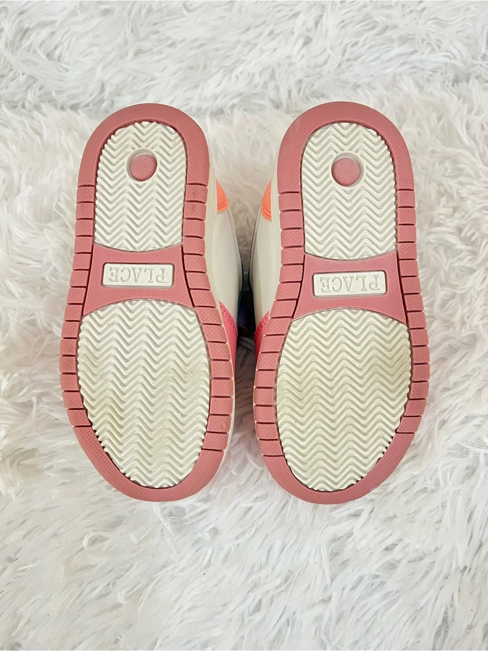 Children's Place white sneakers, pink and purple details, holographic star